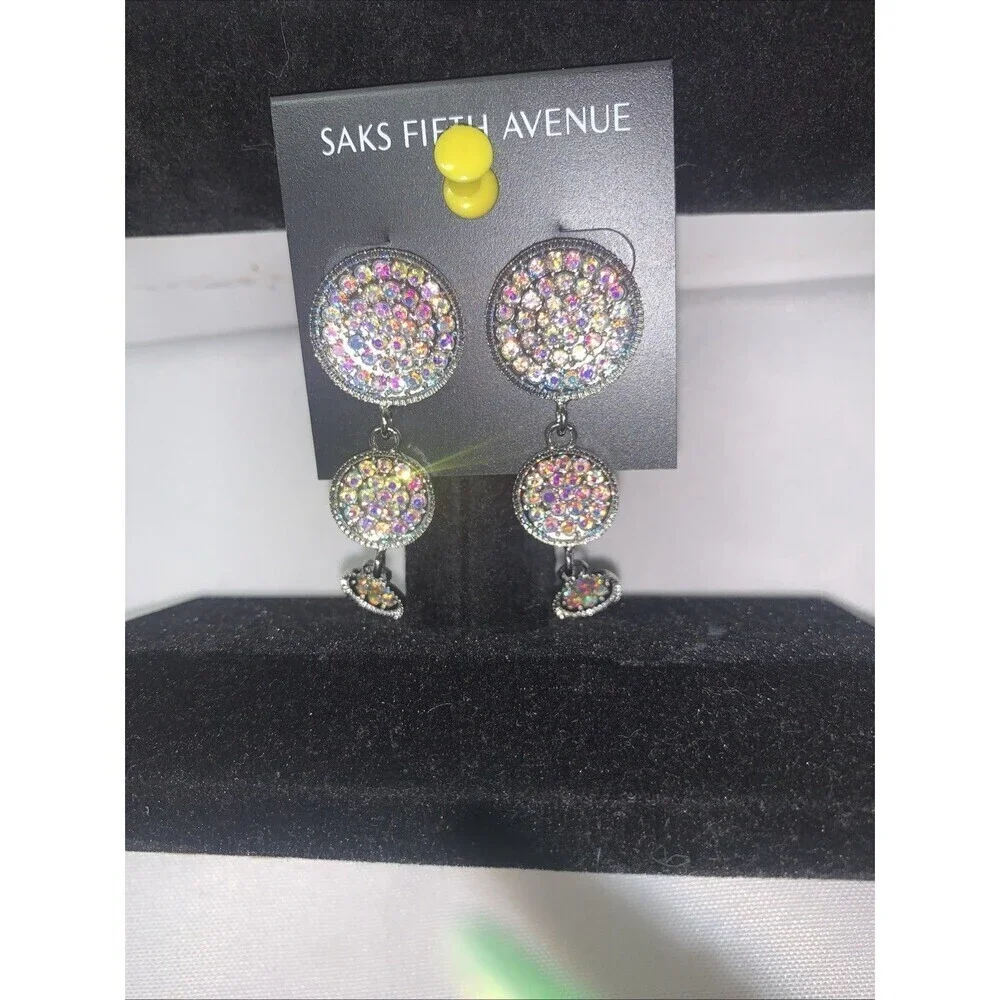 Saks Fifth Avenue Rhinestones Dangle Pierced 1.5" Earrings New - Picture 6 of 7